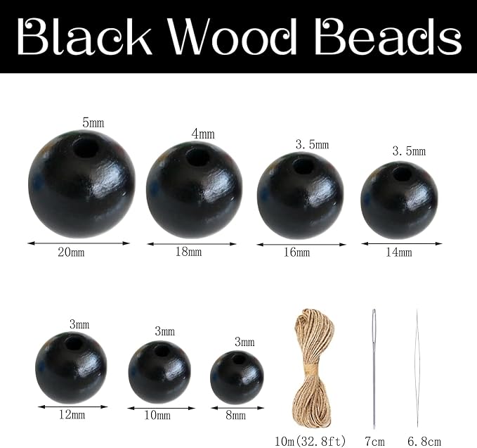 300Pcs Black Wooden Beads for Garlands, Round Wood Loose Beads - 14mm - Image 2