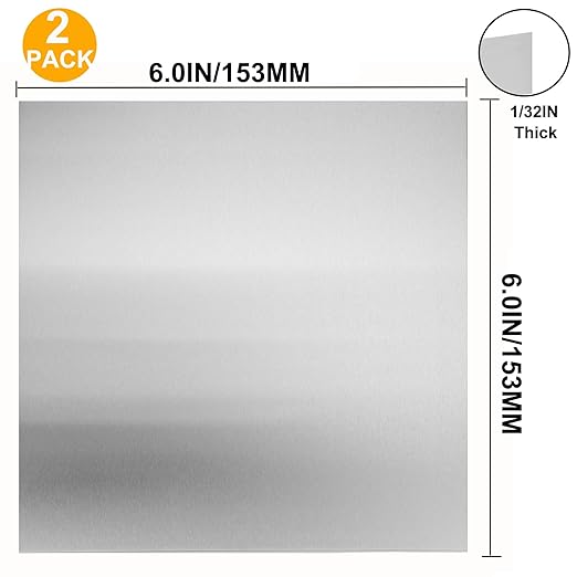 2Pcs 304 Stainless Steel Sheets Metal 6" x 6" x 1/32" Inch 304 Stainless Steel Plates 20 Gauge(0.8MM) Stainless Steel Shim Stock Plates Metal Sheets for Crafting, Stovetop, Snow Frosted Surface