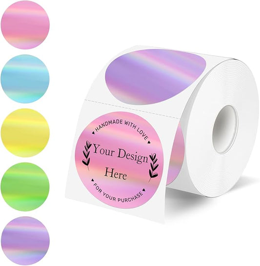2" Circle Holographic Thermal Label Stickers, Round Printable Rainbow Glitter Thermal Printer Sticker Labels for Gift Wrapping- Spring Color/ 5 Colors