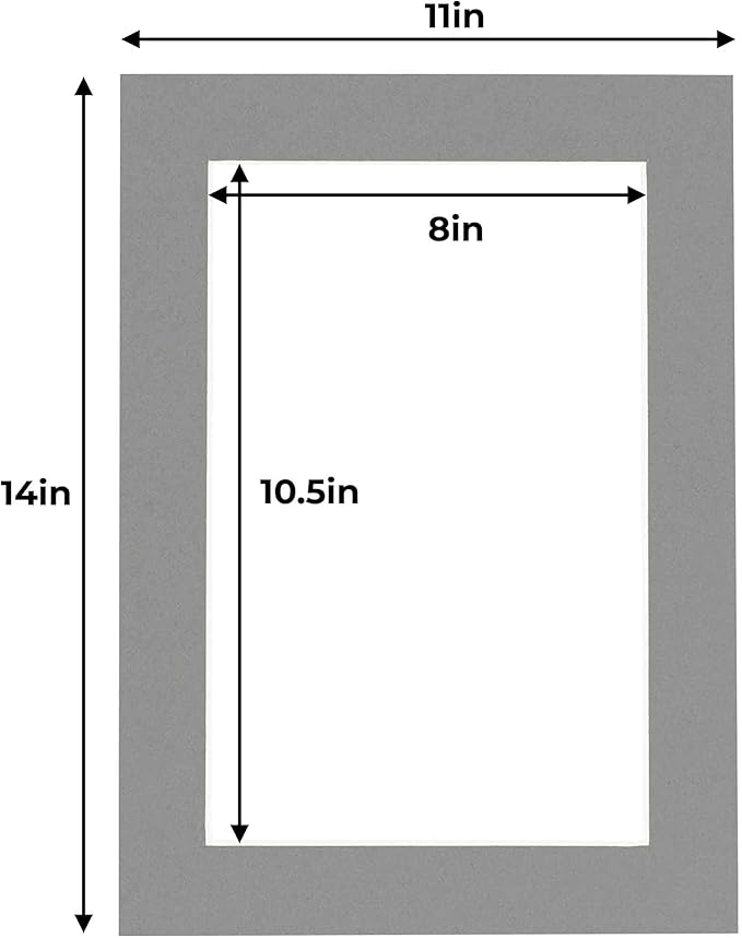 11x14 Mat for 8.5x11 Photo - Precut Mid Grey Picture Matboard for Frames Measuring 11 x 14 Inches - Bevel Cut Matte to Display Art 8.5 x 11 Inches - Acid Free ONE MAT with Backing Board & Clear Bag
