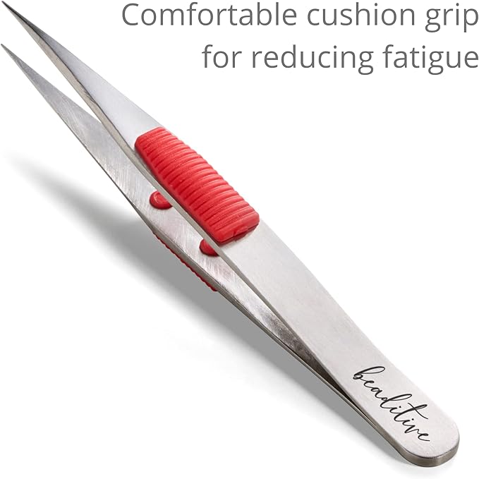 Beaditive High Precision Heavy-Duty Tweezers With Cushion - 4.7" Craft Tweezers for Sewing, Beading & DIY Crafts - Non-Serrated, Fine Point Tips - Stainless Steel Needle Nose Hobby Tweezers (Fuchsia)