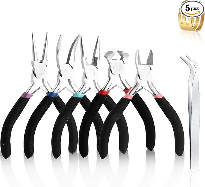 5 Pcs Jewelry Making Pliers Tools with Needle/Chain Nose Pliers, wire cutters Round Nose, Bent Nose-Matte Handle,jewelry making supplies for adults