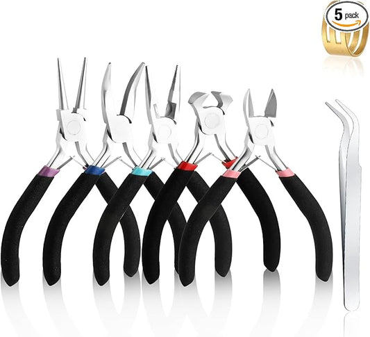 5 Pcs Jewelry Making Pliers Tools with Needle/Chain Nose Pliers, wire cutters Round Nose, Bent Nose-Matte Handle,jewelry making supplies for adults
