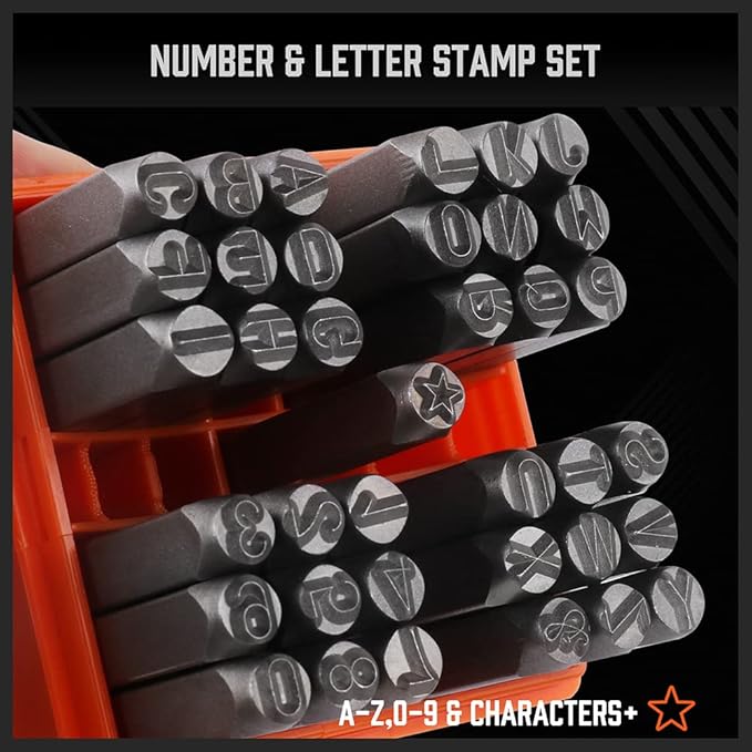 HORUSDY 37-Piece Number and Letter Stamp Set 1/4 (6mm) (A-Z & 0-9 + Stars) Punch Perfect for Imprinting Metal Stamping kit, Plastic, Wood, Leather