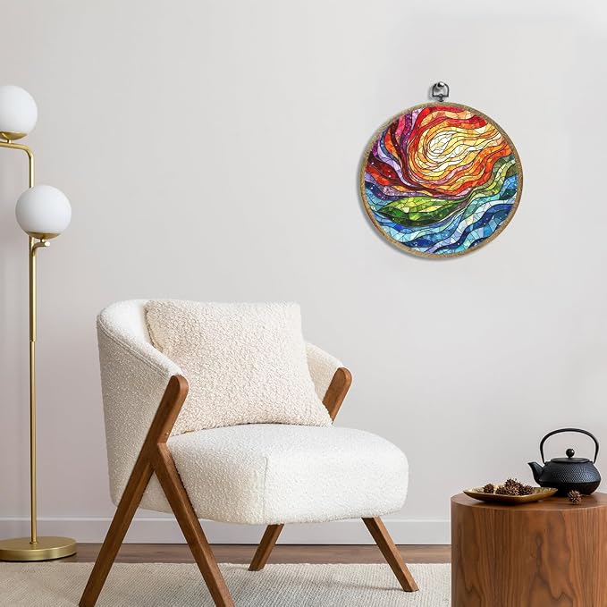 Colorful Boho Rainbow Geometric Spiral Sun Art Gift Framed Round Wall Decor - Image 3