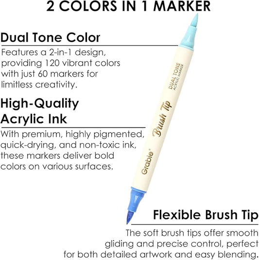 Grabie 120 Colors Dual Tone Brush Tip Acrylic Markers, Dual-Color Paint Markers with 60 Brush Tips, Double Tipped Acrylic Paint Pens for Fabric, Canvas,DIY, Canvas Art Supplies, Set of 60