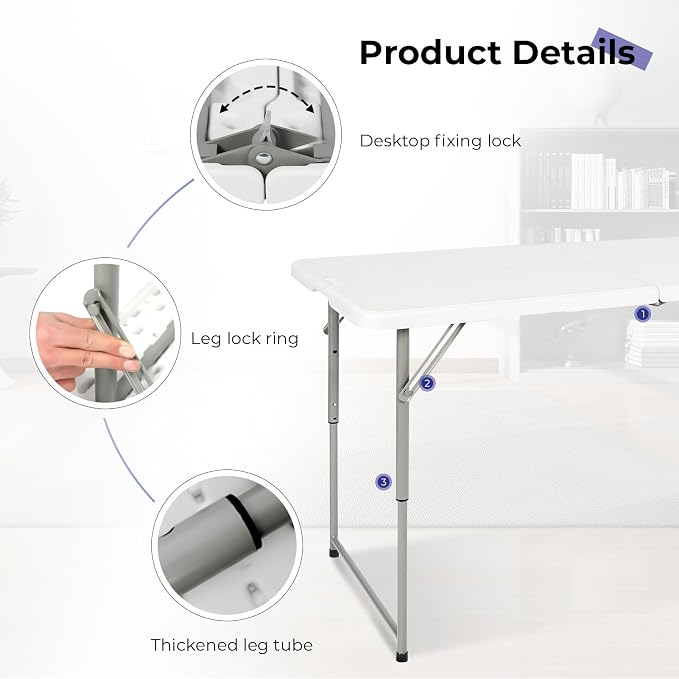 Byliable Folding Table 4 Foot Portable Heavy Duty Plastic Fold-in-Half Utility - Image 4