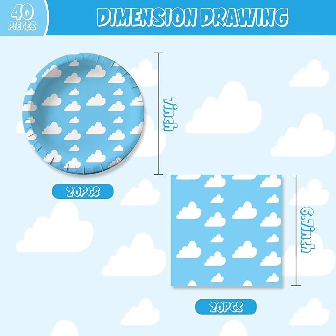 40Pcs Blue Sky White Clouds Birthday Party Decorations Cartoon Story Tableware - Image 2