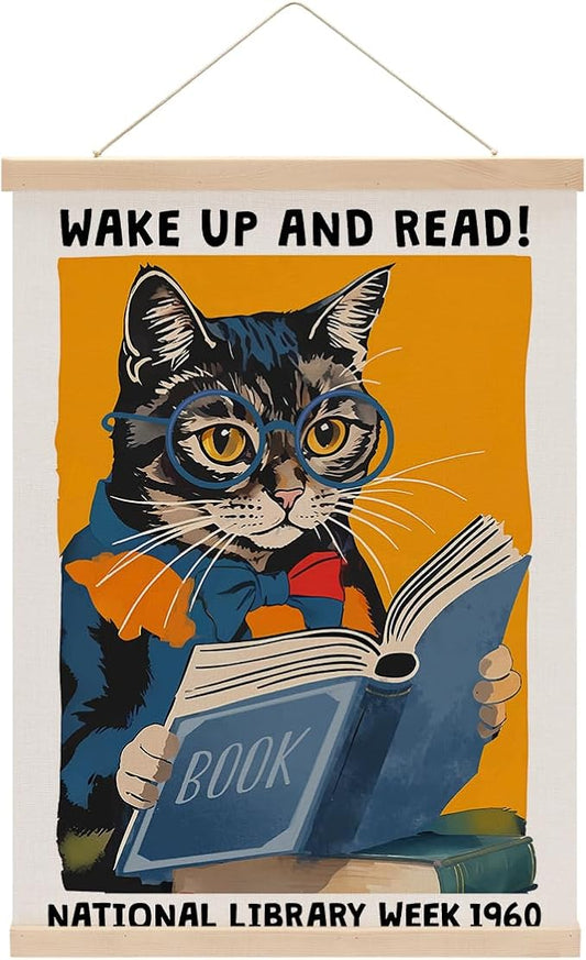 Funny Reading Cat Poster Hanger, Reading Nook Library Decor Wall Decor, Educational Posters Wall Art Wall Hanging Banner Farmhouse Classroom Bedroom Reading Room Apartment Home Decor