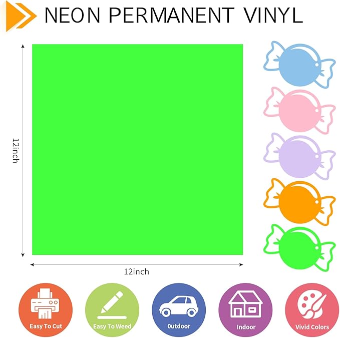 GIRAFVINYL Neon Permanent Vinyl 5 Sheets - 12”x12” Easy to Weed Bright Color Neon Permanent Adhesive Vinyl for Mugs, Sign, Banner,