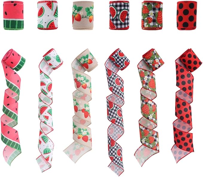 2.5" Watermelon and Strawberry Ribbon,Summer Craft Wire Edged Ribbon,Checks,Polka Dots,Watermelon Slices,Strawberries and Flowers Faux Linen Ribbons for Floral Arrangements, Packages and Home Decor.