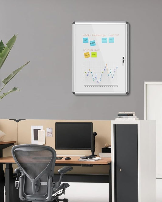 26"x20" Enclosed Bulletin Board, Lockable Weather-Resistant Aluminum Noticeboard for School & Office, Silver Frame w/Magentic Whiteboard