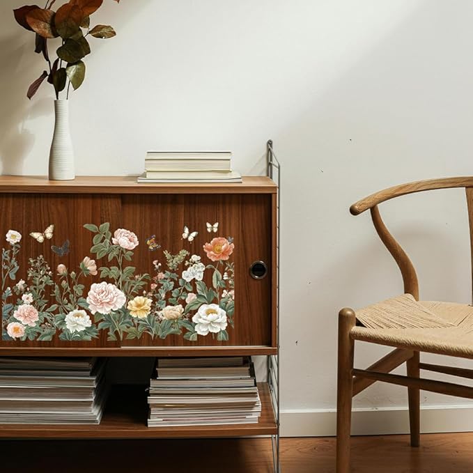 GLOBLELAND 4 Sheets Light Vintage Florals Furniture Transfer 11.8x5.9inch Butterflies Peonies Rub on Transfer Wildflowers UV Self-Adhesive Stickers Wall Art Craft for Bedroom Living Room Desk Table
