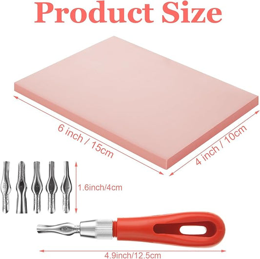15 Pack Rubber Linocut Kit - 4 x 6 Inch Stamp Making Kit with Linocut Tools - Pink Rubber Block Stamp Printing Kit for Printmaking Supplies, DIY