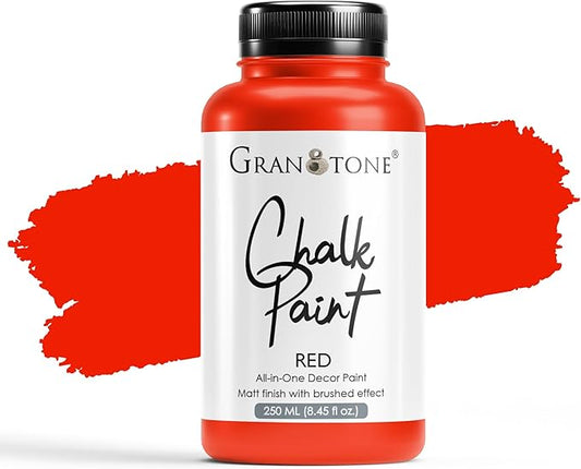 GRANOTONE Chalk Paint for Furniture, Matt-Finish Water-Based Acrylic Paint for Wood, Walls, Metal, Glass, Paper, Fabric Canvas, Maximum Coverage Chalk Paint for Kids & Adults, 250 Ml (RED)