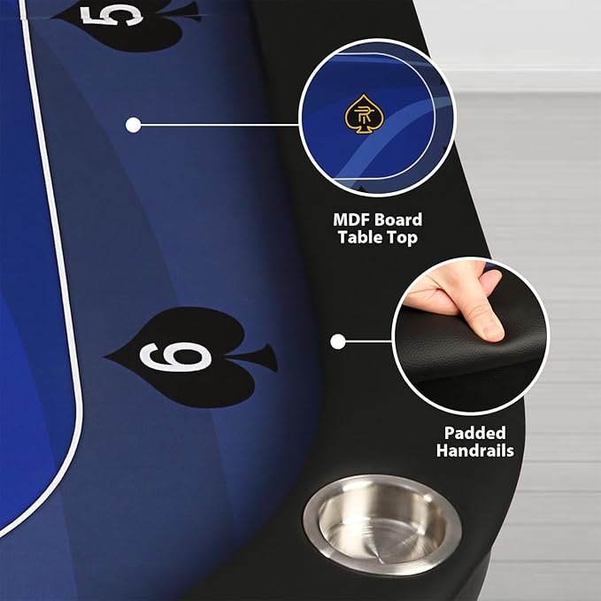 Upgrade Foldable Poker Table for 10 Players - Texas Holdem & Blackjack Board Game Table - Large Casino Table with 10 Stainless Steel Cup Holders & Padded Rails - Perfect for Texas Casino Leisure Game
