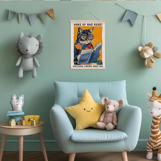 Funny Reading Cat Poster Hanger, Reading Nook Library Decor Wall Decor, Educational Posters Wall Art Wall Hanging Banner Farmhouse Classroom Bedroom Reading Room Apartment Home Decor