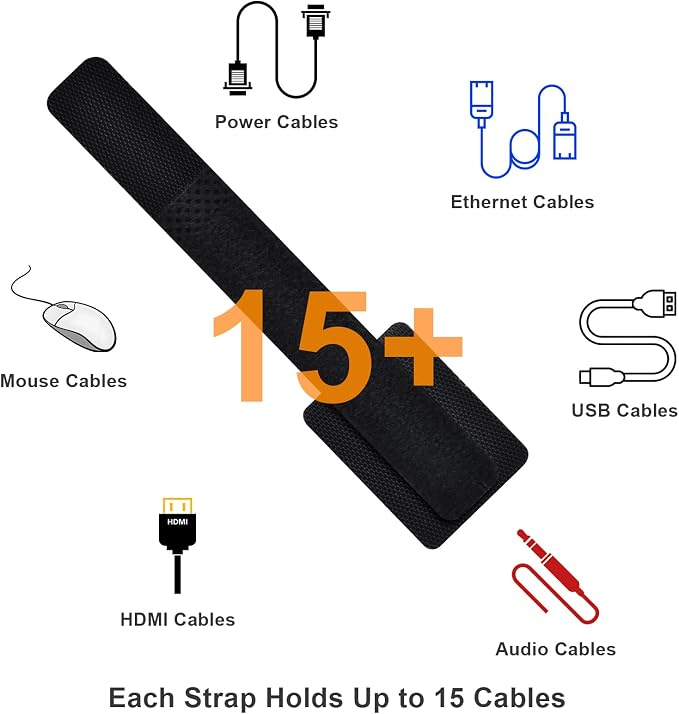 Cable Management Under Desk, 20 Pair Cord Organizer Straps | Reusable hook and - Image 3