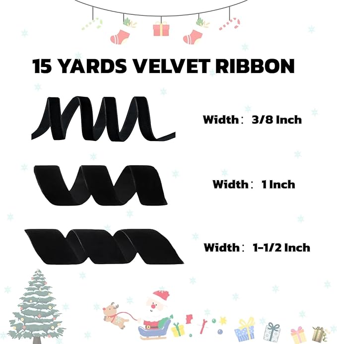 15 Yards Velvet Ribbon 1-1/2 Inch Single Face Black Velvet Ribbon Spool Prefect for Wedding, Ribbons for Gift Wrapping, Christmas Tree Ornaments Wreath Hair Bows, Ribbons for Crafts