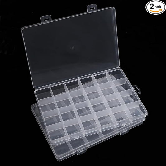 2pcs 24 Grids Clear Plastic Organizer Box Fixed Compartment Storage Container for Craft, Beads, Jewelry, Small Parts, 7.4X5.1X0.86 INCH