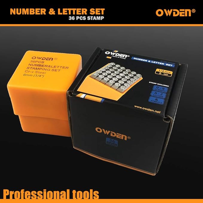 OWDEN Professional 36Pcs. Steel Metal Stamp Set,(1/4”) 6mm,Steel Number and Letter Punch Set,Alloy Steel Made HRC 58-62 for Jewelry Craft Stamping.