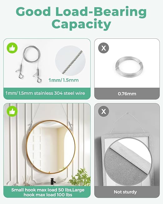 2PCS Adjustable Picture Hanging Wire 1.5m x 1mm Small Hooks, Picture Frame Wire Kit Heavy Duty 50lbs, Stainless Steel for Art, Mirror, Light Lamp, Billboards, Basket Flowerpot