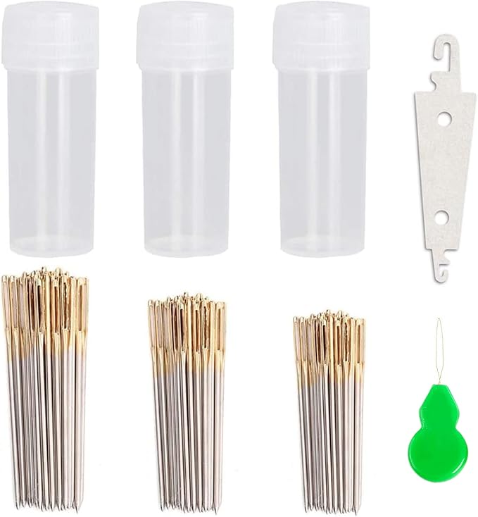 90pcs Cross Stitch Needles +2 Needle Threader Golden Color Large Eyes Cross by JIGEGE