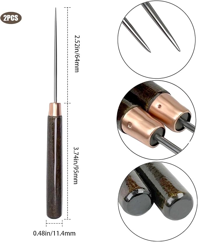 2 Pcs Scratch Awl Tool, with Wooden Handle, Leather Awl Punch Tool, Tailors Awl - Image 4