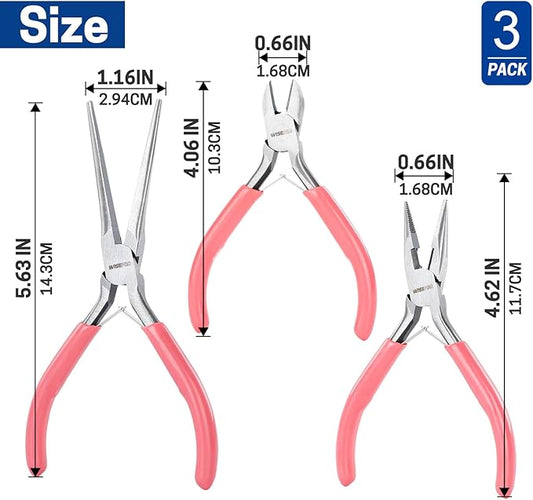 3 PCS Mini Pliers Set, Pink Jewelry Pliers Kit with Needle Nose, Diagonal and Long Nose, Small Plier Tool for Jewelry Making, DIY Crafts, Beading and Electronic Repair