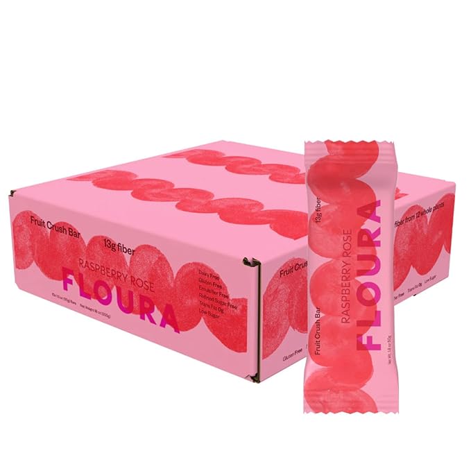 Floura Raspberry Rose Fruit-Forward Fiber Bars– High Fiber, Vegan, Gluten & Dairy Free, Low Calorie Healthy Snack Bars with Upcycled Produce for Gut Health [10 Pack]