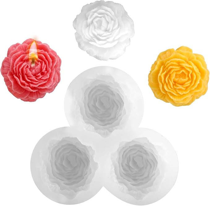 3 Cavity Peony Candle Molds, Silicone Flower Molds for Candles Crafts Casting, 3D Round Candle Making Soap Molds for Epoxy Resin Wax, DIY Handmade Gifts Clay Pop Flower Silicone Mold Home Decoration