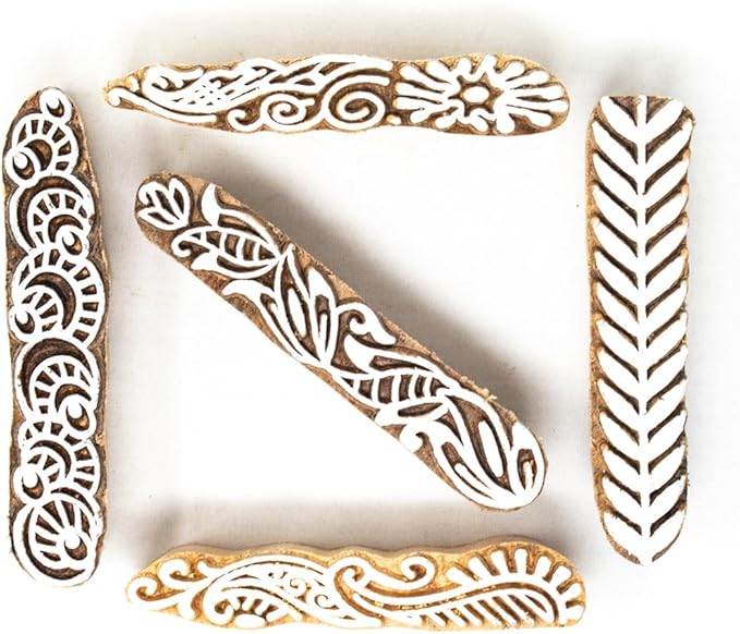Hashcart Wooden Stamp Block, Printing Stamp Design Set | Block for Printing Saree Border | Dresses, Craft Card Making, Scrapbook, Clay Pottery | Set of 5