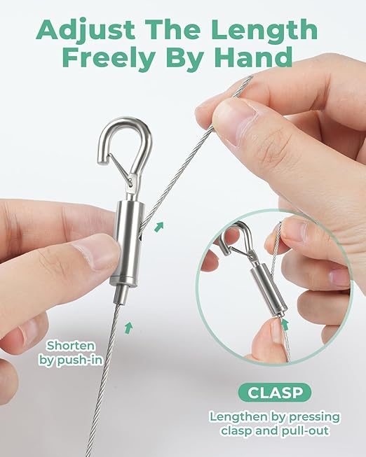 2PCS Adjustable Picture Hanging Wire 0.5m x 1mm Small Hooks, Picture Frame Wire Kit Heavy Duty 50lbs, Stainless Steel for Art, Mirror, Light Lamp, Billboards, Basket Flowerpot