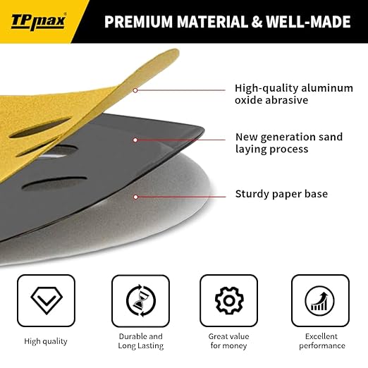 100PCS 5 Inch 240 Grit 125mm 8 Hole Sanding Discs Sandpaper - Premium Gold Round Hook and Loop for Random Orbital Sander - Ideal for Wood, Metal, Automotive