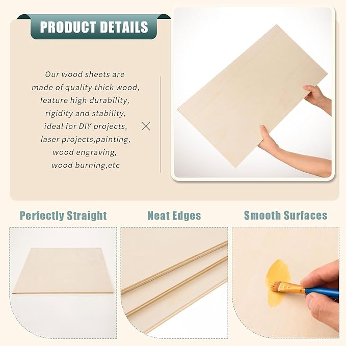 12 Pack 12 x 16 x 1/4 Inch-6mm Thick Basswood Sheets for Crafts Unfinished Plywood Boards Square Crafts Wood Sheets for DIY Laser Project, Wood Burning, Engraving, Staining, Architectural Model