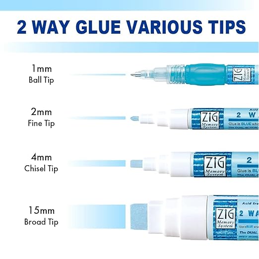 Kuretake Zig 2Way Glue Pen, 15mm Board Tip 2pcs Set, Quick Dry Liquid Stick Marker, for Artists, Crafting, Scrapbooking, Gift Card, Calligraphy, Made in Japan