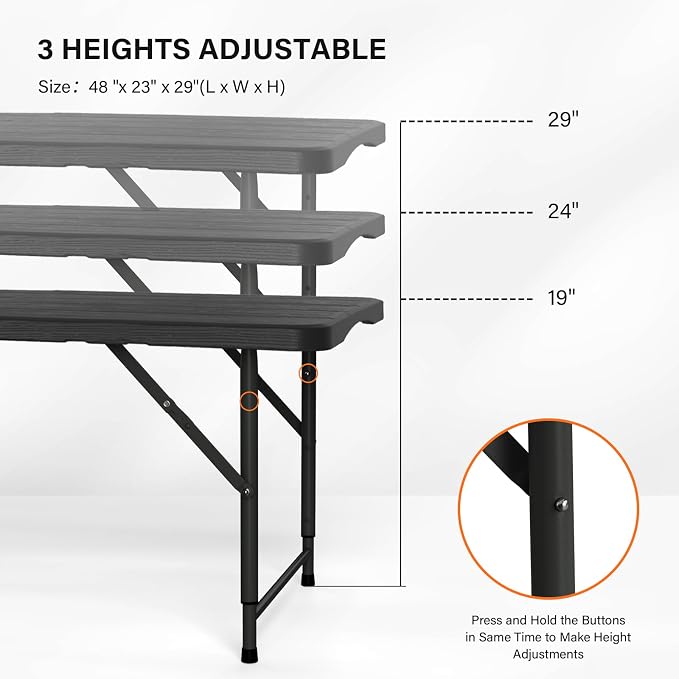 VINGLI 4 FT Plastic Folding Camping Table, 3-Level Adjustable Height, Portable - Image 3