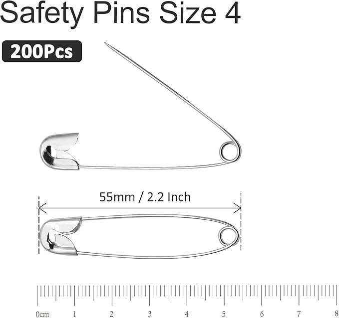 200 PCS 55mm / 2.2 Inch Safety Pins Heavy Duty Quilting Pins, Large Safety Pins Size 4, Silver Metal Sewing Pins, Big Safety Pins for DIY Crafts Jewelry Making Baby Clothing (Nickel Plated)