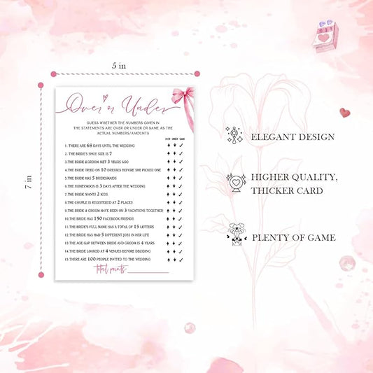 Bridal Shower Games Cards, Guess Over or Under, Bridal Shower Games 25 Guests, Engagement Party Wedding Games for Guests, Pink Ribbon Bow Wedding Party Supplies - E13