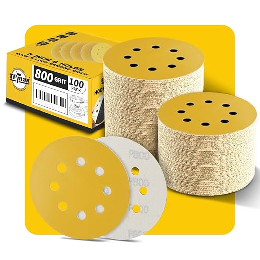 100PCS 5 Inch 800 Grit 125mm 8 Hole Sanding Discs Sandpaper - Premium Gold Round Hook and Loop for Random Orbital Sander - Ideal for Wood, Metal, Automotive