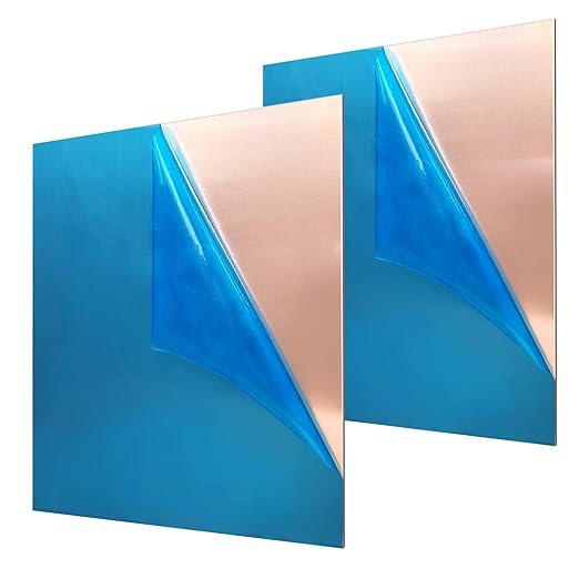 2 Pieces 99.9% Pure Copper Sheet, 6" x 6", 24 Gauge(0.5mm) Thickness, Film Attached Copper Plate, Great for Jewelry, Crafts, modelers