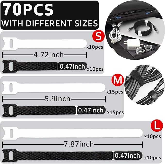 70pcs Cable Ties Reusable Black and White Wire Ties Cable Management Cord Ties - Image 3