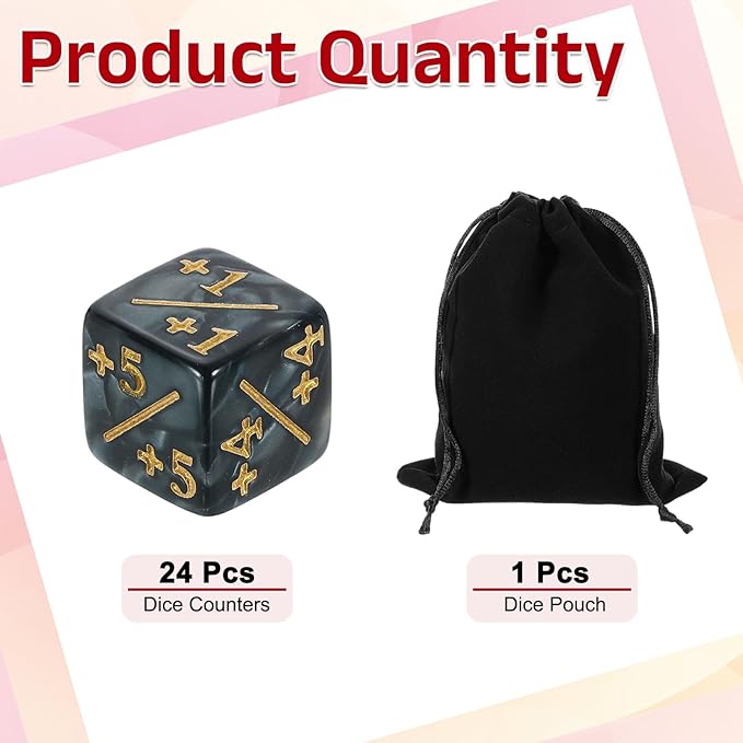 uxcell 24Pcs Magic Dice Counters, Acrylic D6 Life Token Dice Set with Pouch for Standard Cards Gaming Accessories, Black Marble