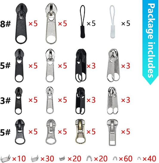 252Pcs Zipper Repair Kit, Zipper Replacement Zipper Pulls, Zipper Fix Replacement Zipper Slider Set with Installation Pliers for Jacket Backpack Luggage Sleeping Bag #3#5#8 Silver and Black