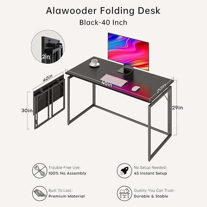alawooder 39.4" Folding Desk: No Assembly, Wood Top - Image 6