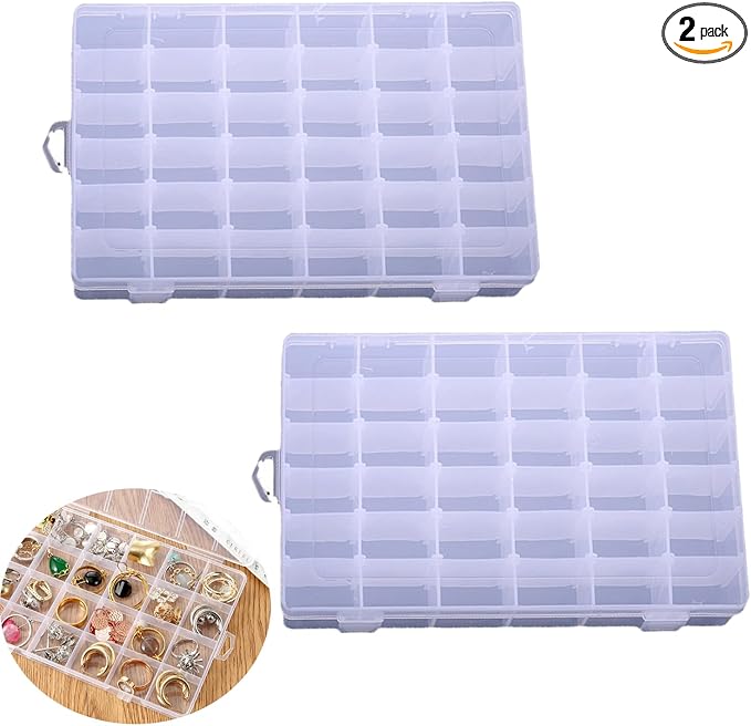 2pcs Plastic Organizer Container Box with Adjustable Dividers, 36 Grids Clear Plastic Parts Organizer Box Compartment Container for Bead, Nail, Jewelry, Art, DIY Crafts, Fishing Tackle, Small Items.