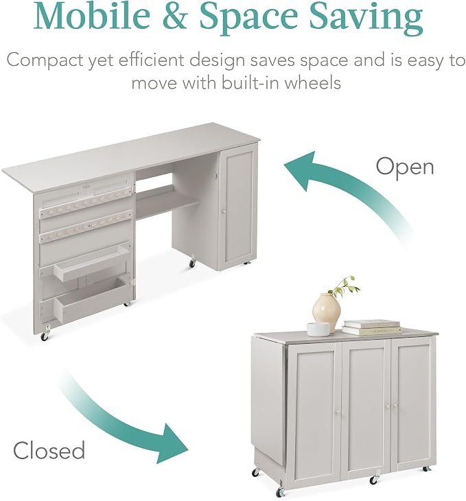 Best Choice Products Large Folding Sewing Table, Caster Wheels, Storage Shelves - Image 5