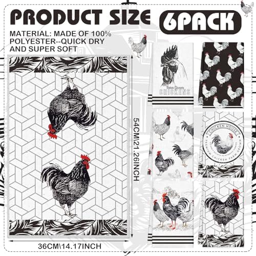 Redbaker 6 Pcs Kitchen Towels Black White Rooster Farm Chicken Dish Towel - Image 2