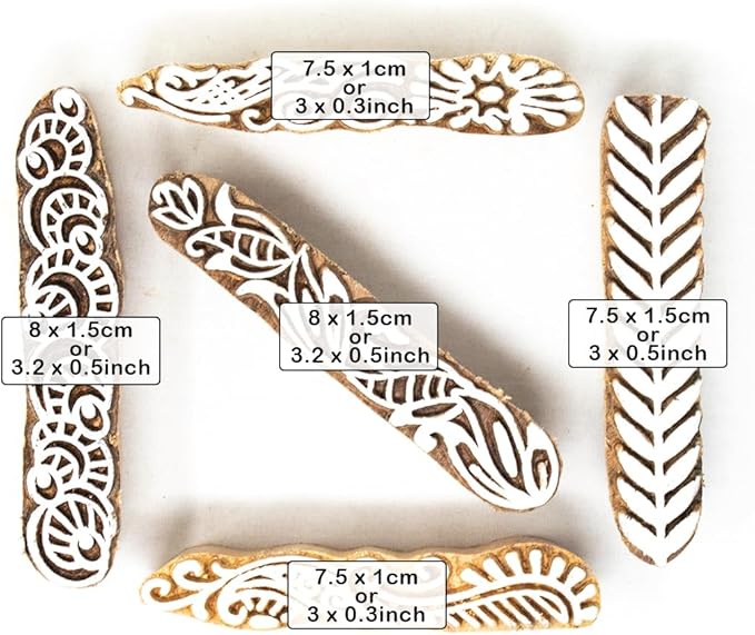 Hashcart Wooden Stamp Block, Printing Stamp Design Set | Block for Printing Saree Border | Dresses, Craft Card Making, Scrapbook, Clay Pottery | Set of 5