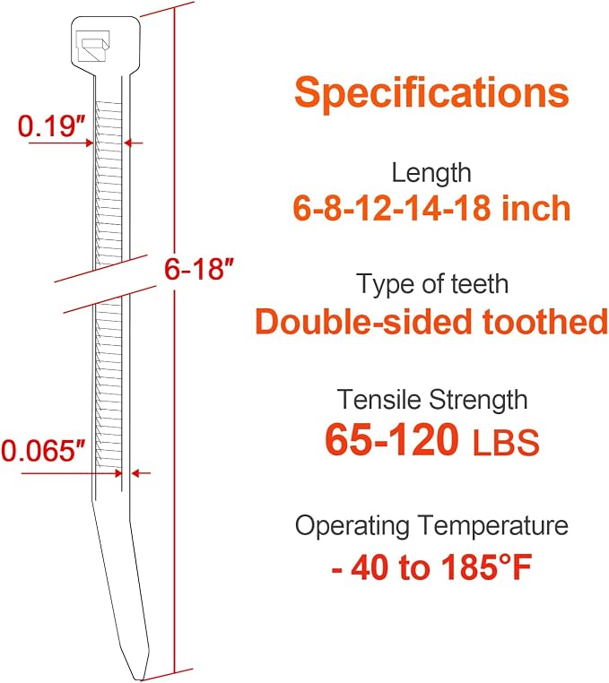 Zip Ties Assorted Size, 500 Pack, 6+8+12+14+18 Inch Double Sided Toothed - Image 2